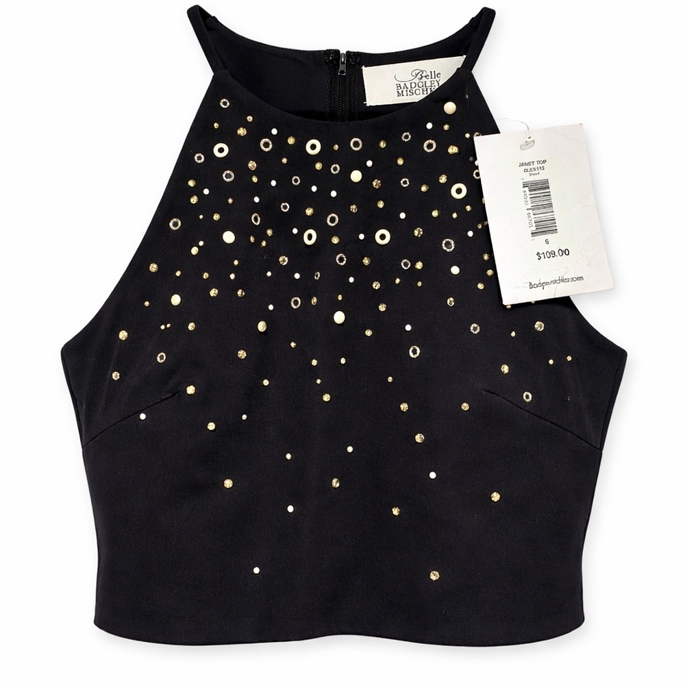 NWT Badgley Mischka Belle Black Embellished Halter Crop Top w/ Gold Stud Size 6
